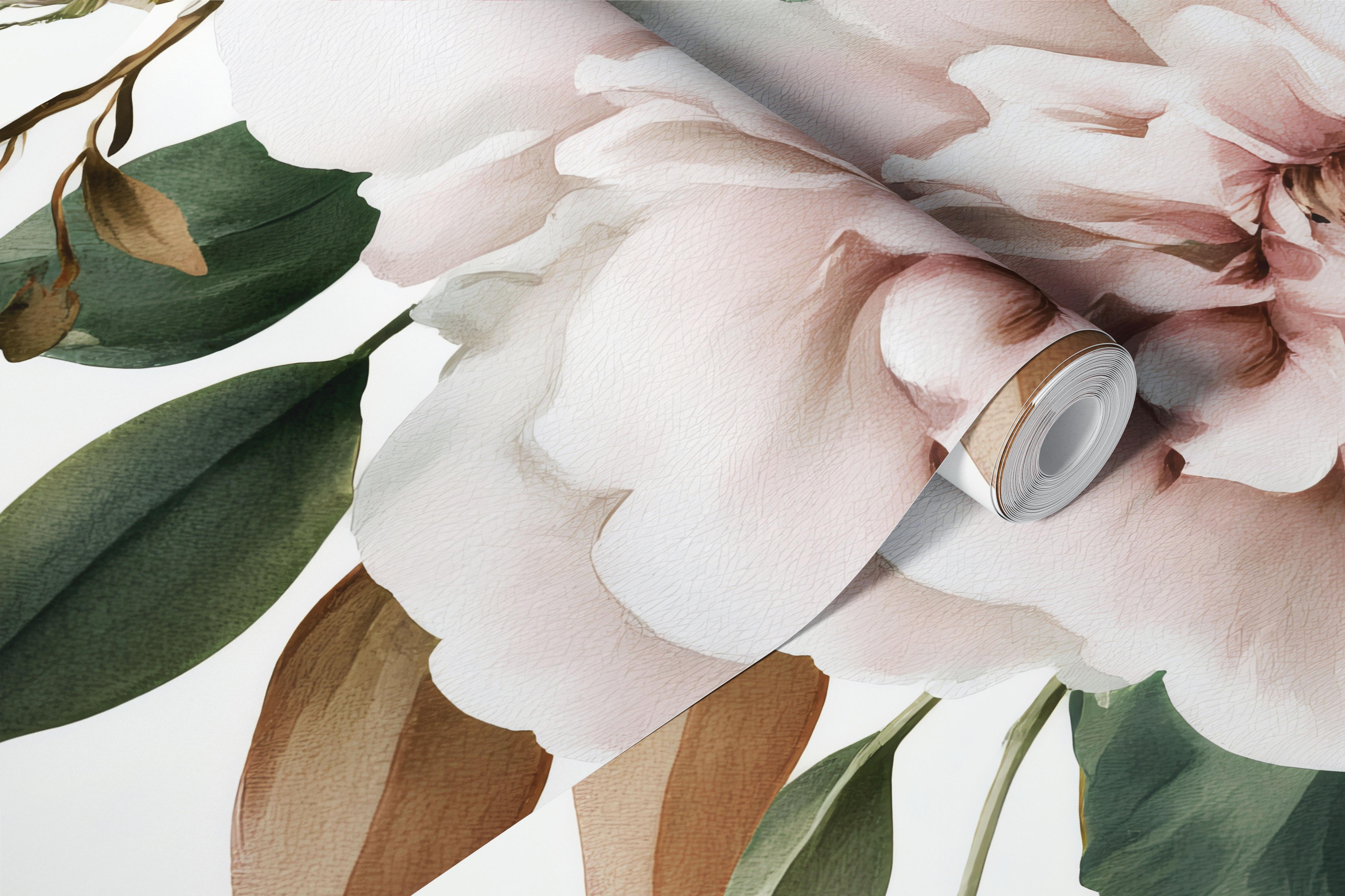 Soft pink peonies and roses wallpaper in room