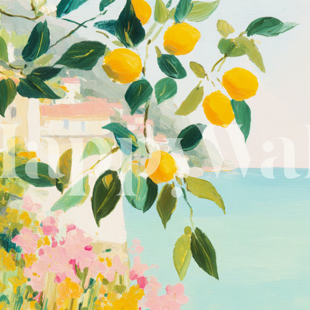 Lemon branch wallpaper in a bright coastal room