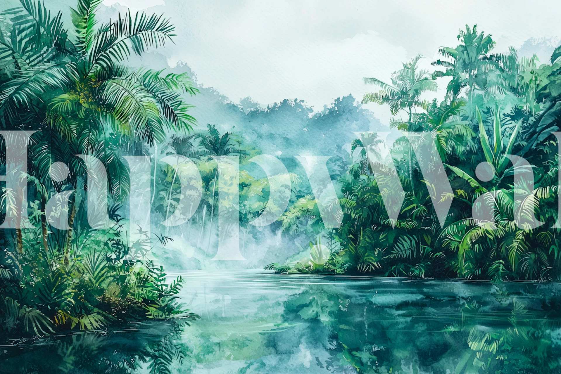 Misty Tropical River Lagoon Tapete in einem Raum