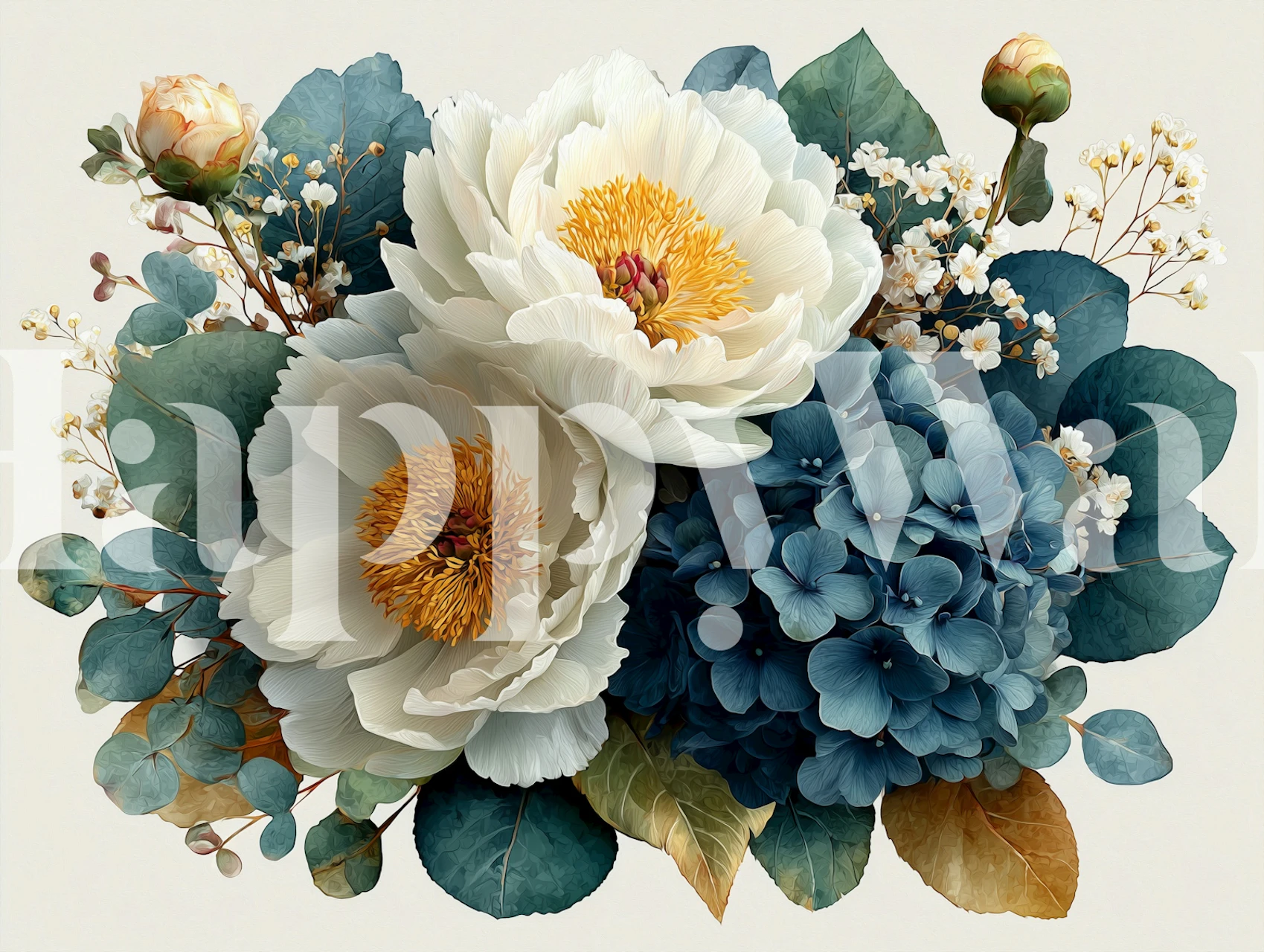 Elegant peony and hydrangea florals wallpaper