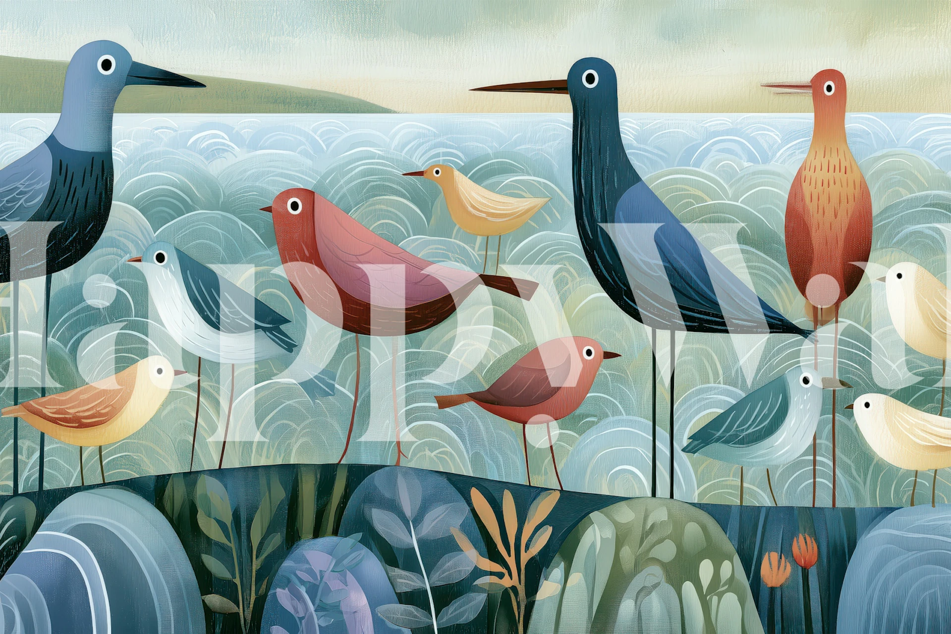 Whimsical Meadow Birds tapetti huoneessa