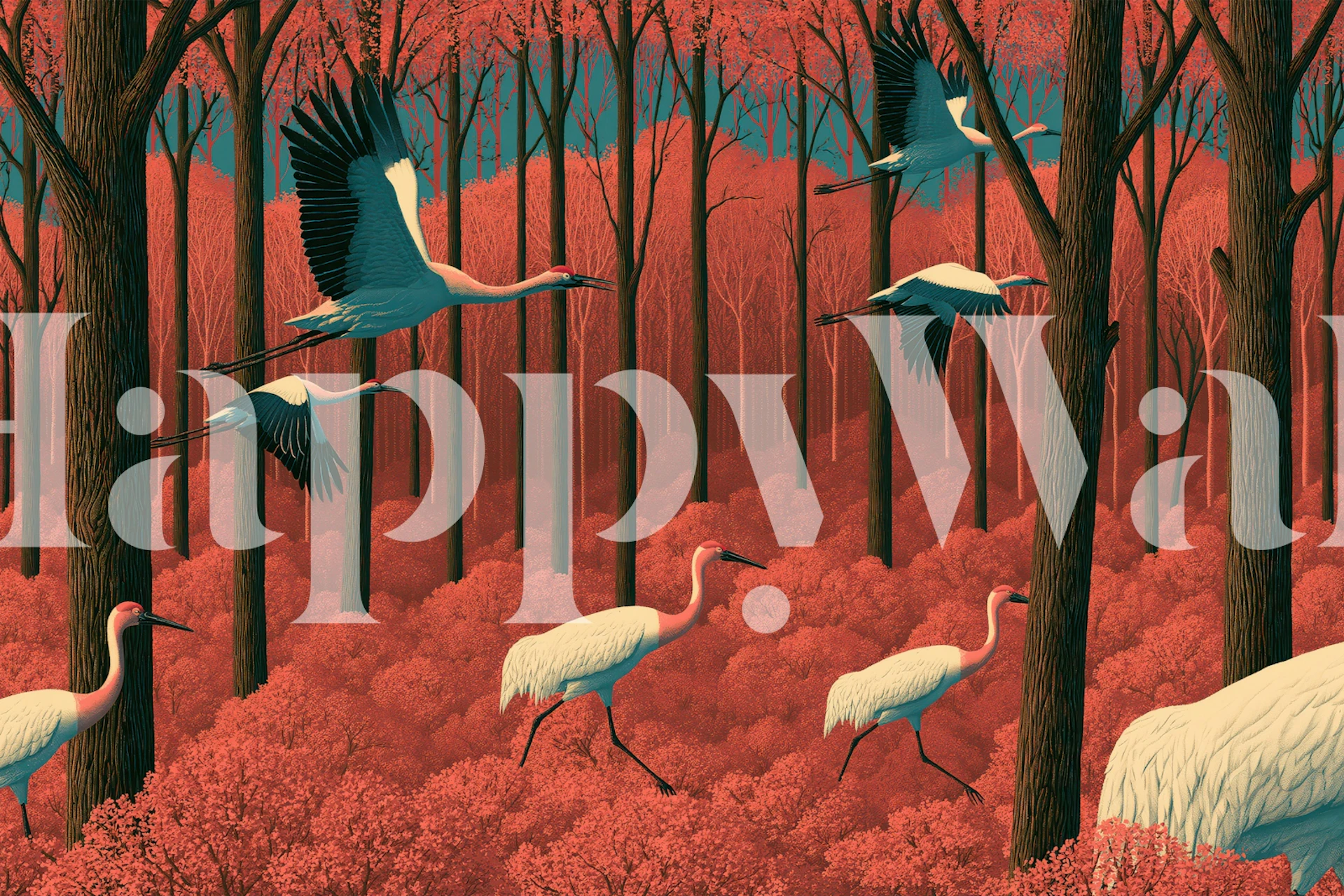 Crimson Crane Forest wallpaper in a room