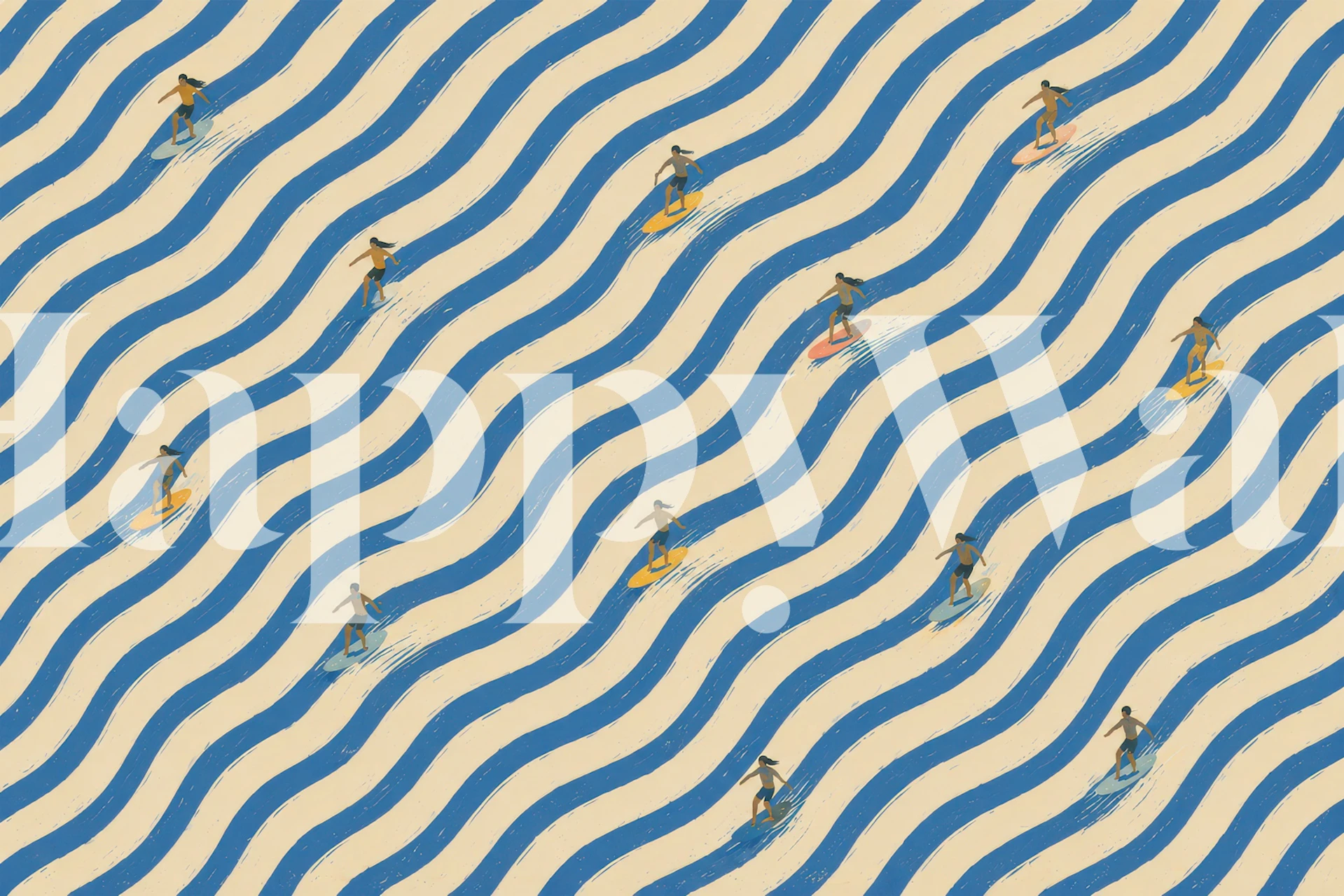 Surfers on blue waves wallpaper in a room