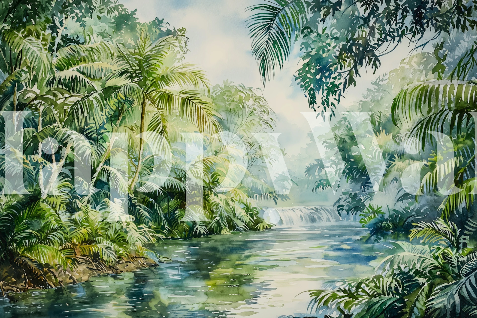 Lush Palm Jungle River Tapete in einem Zimmer