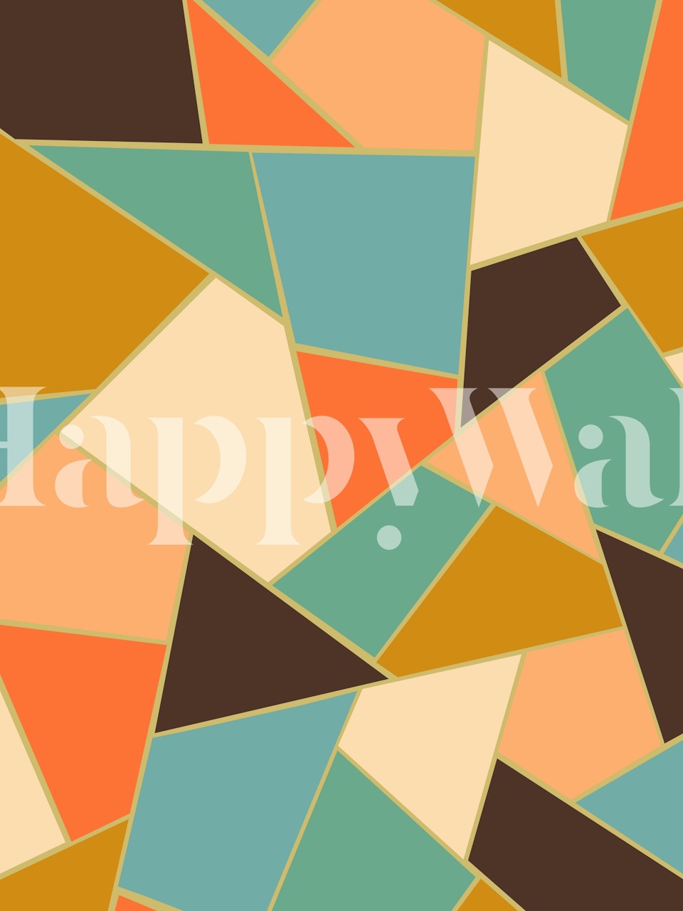 Geometric shapes in orange, teal, beige, and brown wallpaper