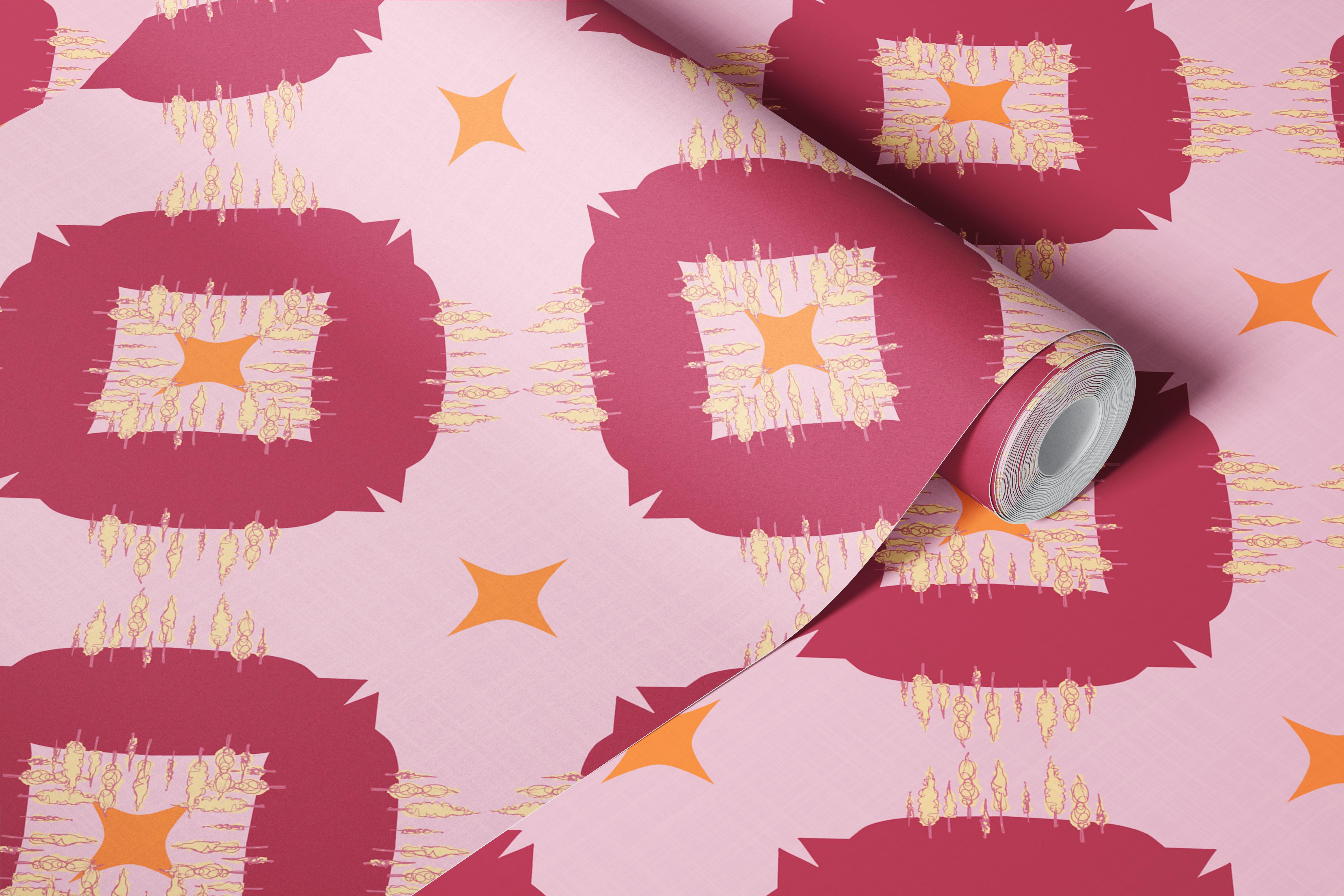 Pink geometric tile wallpaper in a retro room