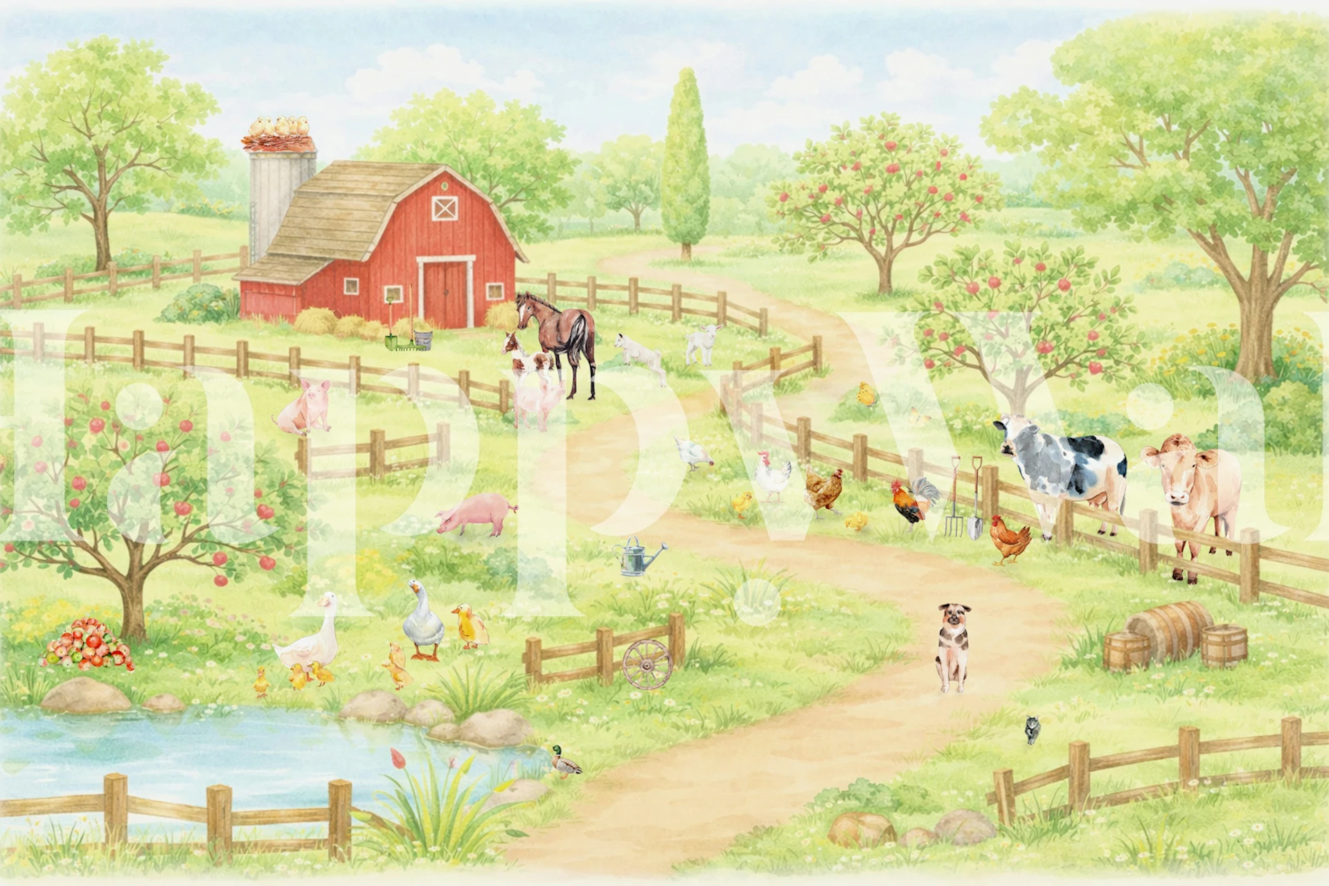 Whimsical Farmyard with Chickens tapet