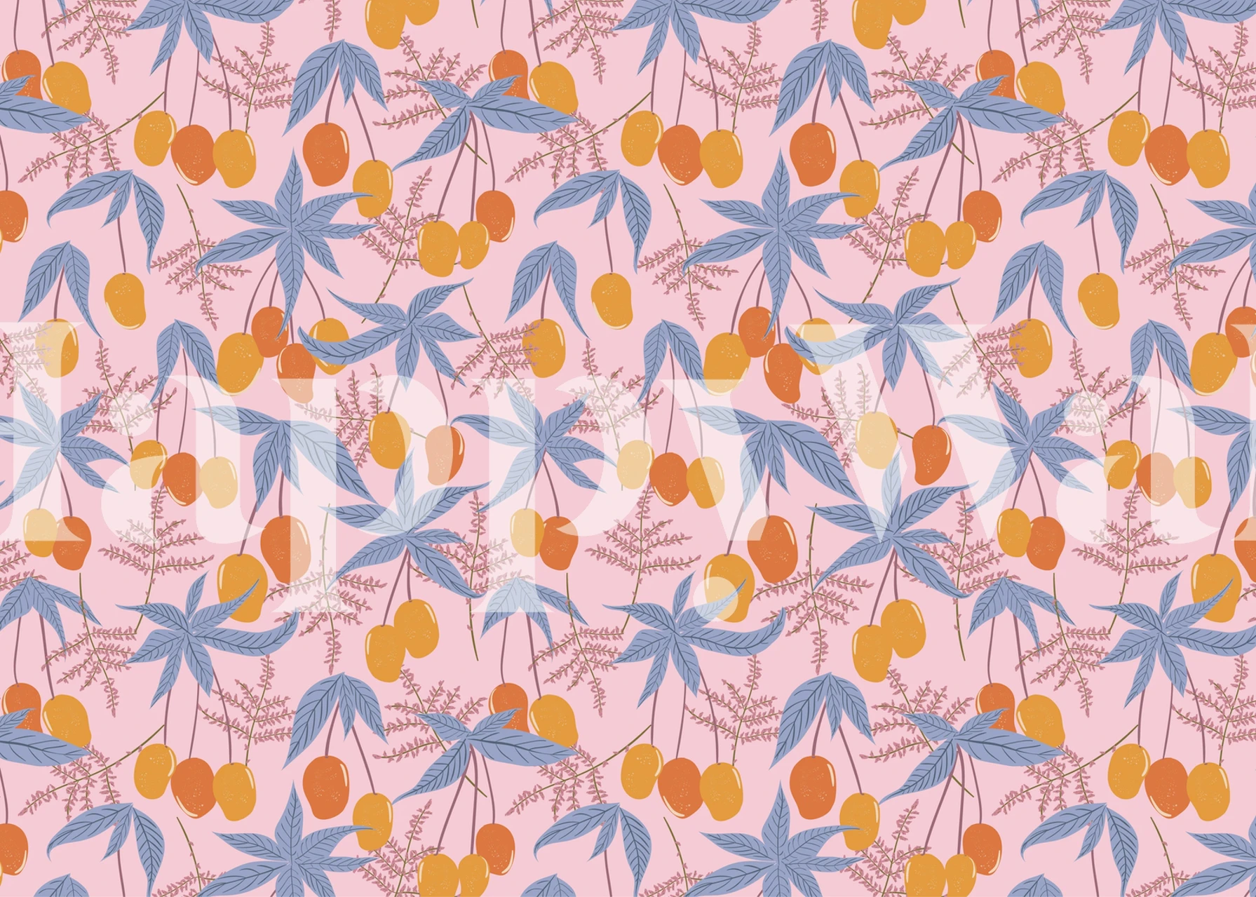 Tropical mango floral pattern with pink background and teal leaves wallpaper