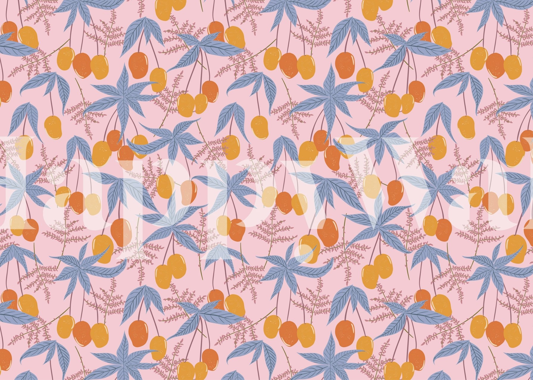 Tropical mango floral pattern with pink background and teal leaves wallpaper