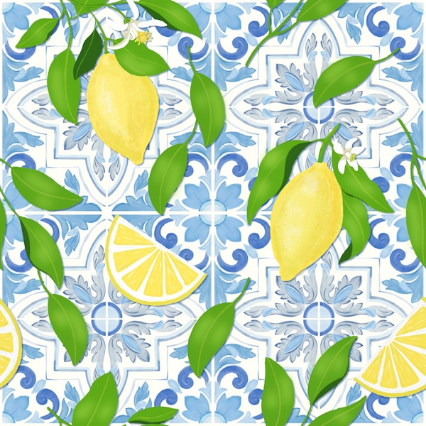 Sunny Lemons on Blue Tiles
