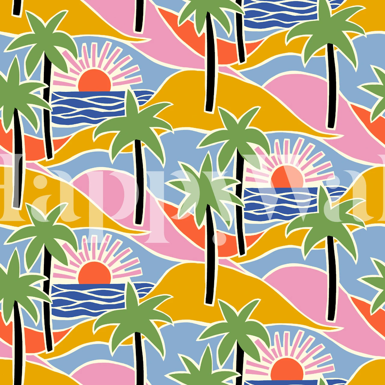 Palm tree sunset wallpaper in a colorful room