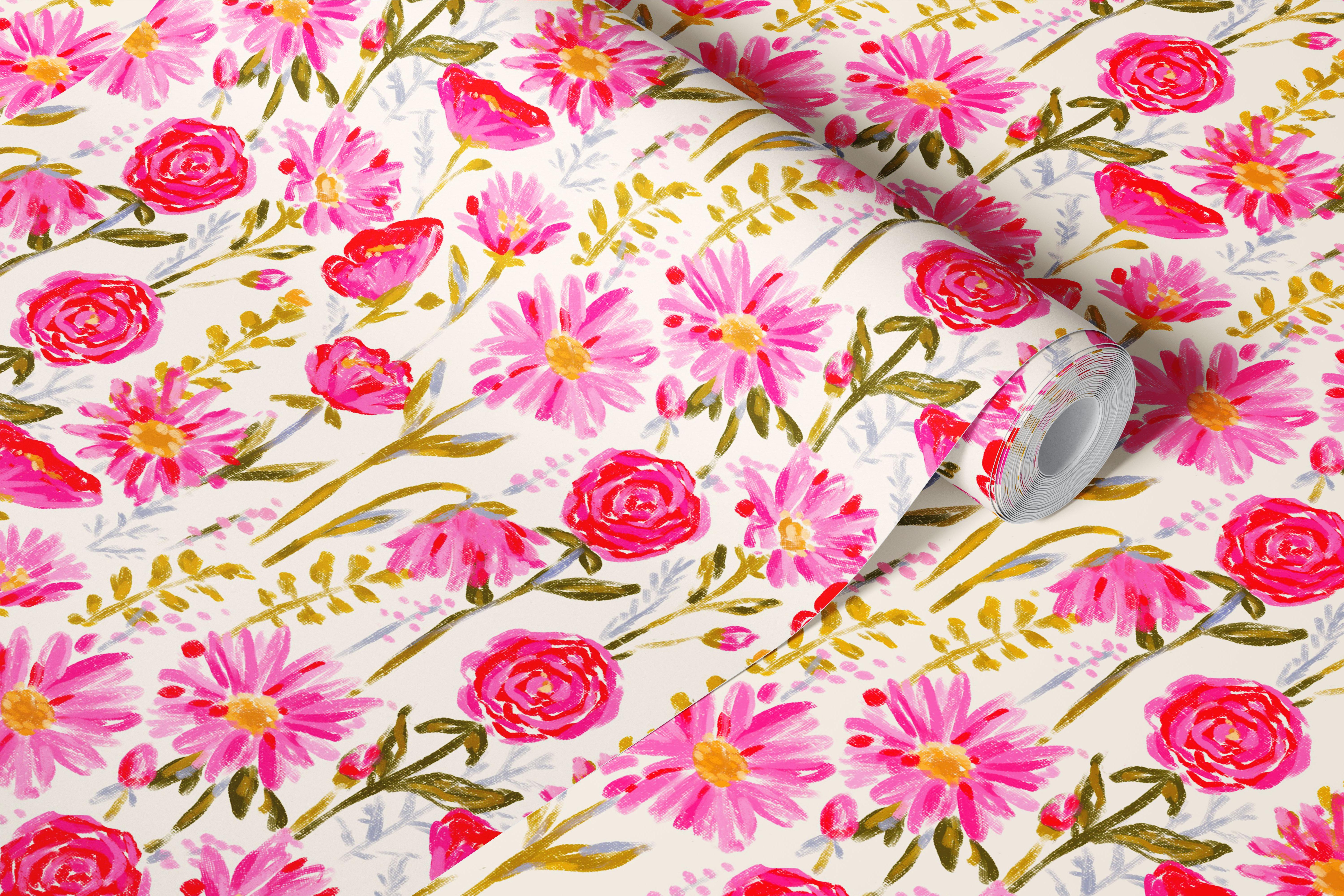 Pink floral wallpaper in a bright room
