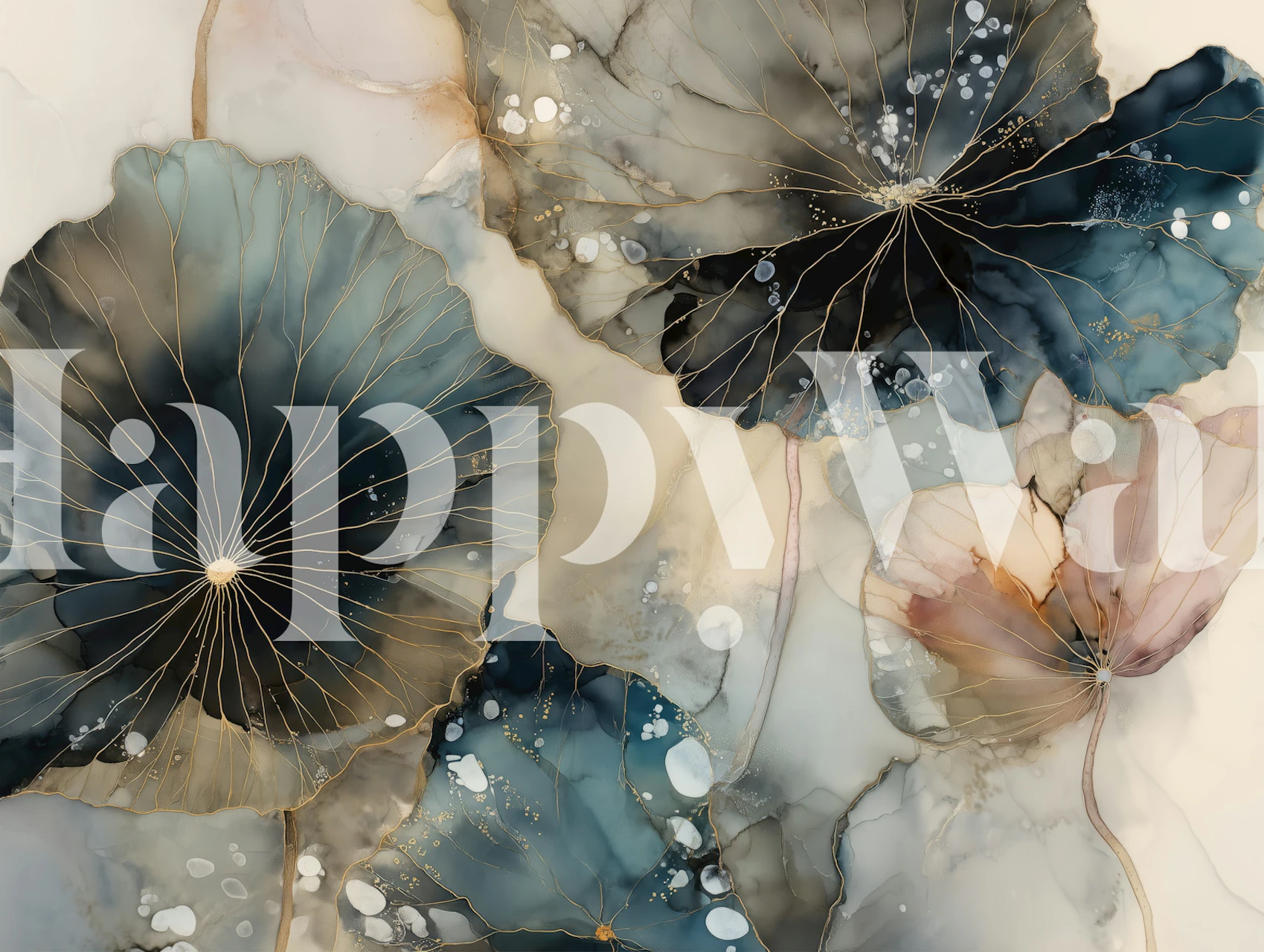 Indigo lotus wallpaper in a softly styled room