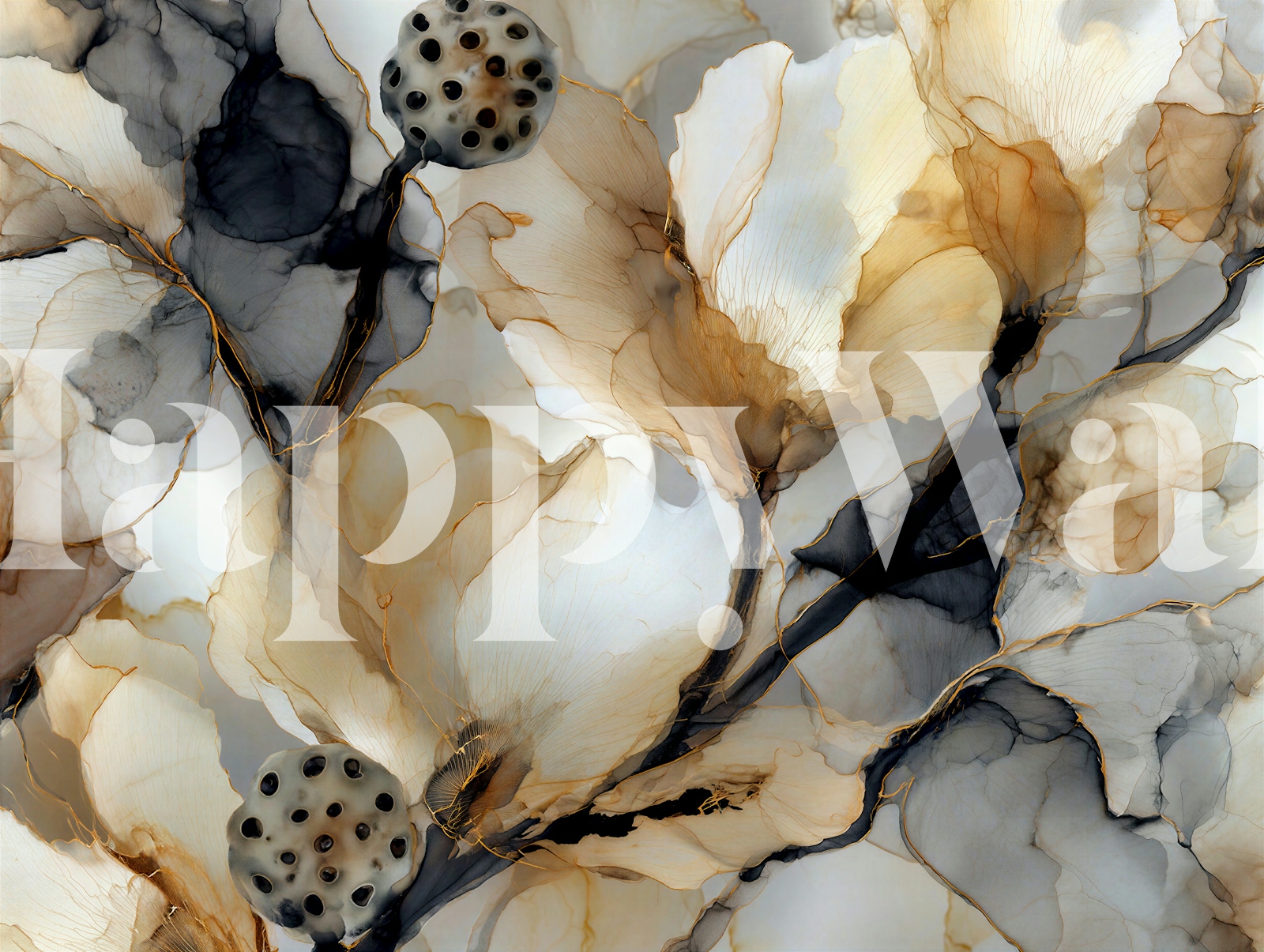 Neutral ink wash floral wallpaper in a room