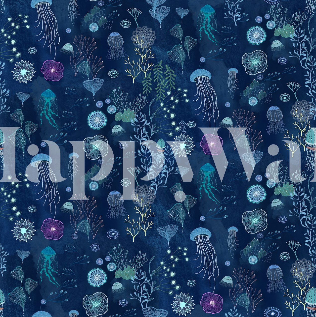 Jellyfish and coral designs in deep blue tones wallpaper