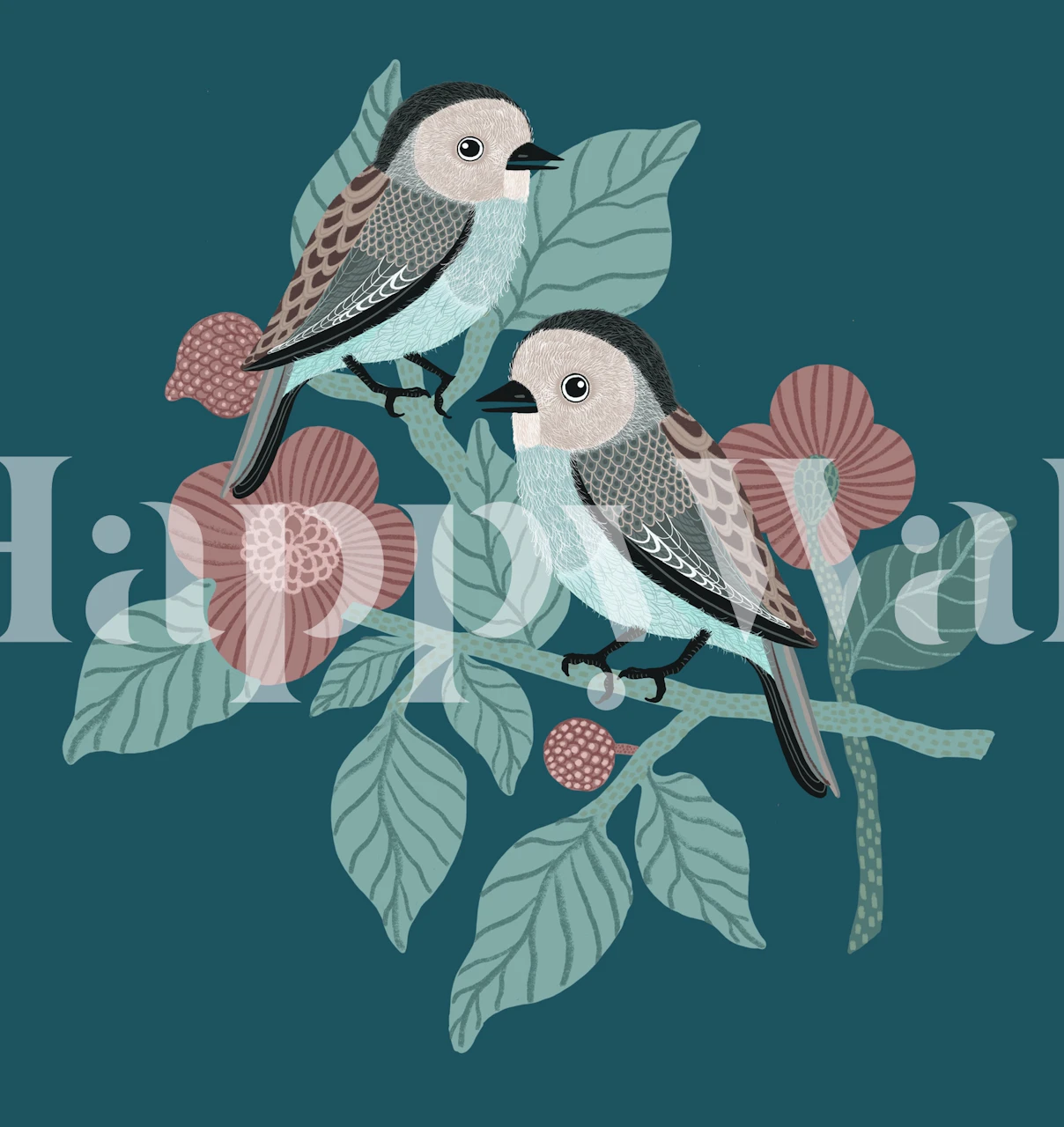 Two birds perched on floral branches with teal background wallpaper