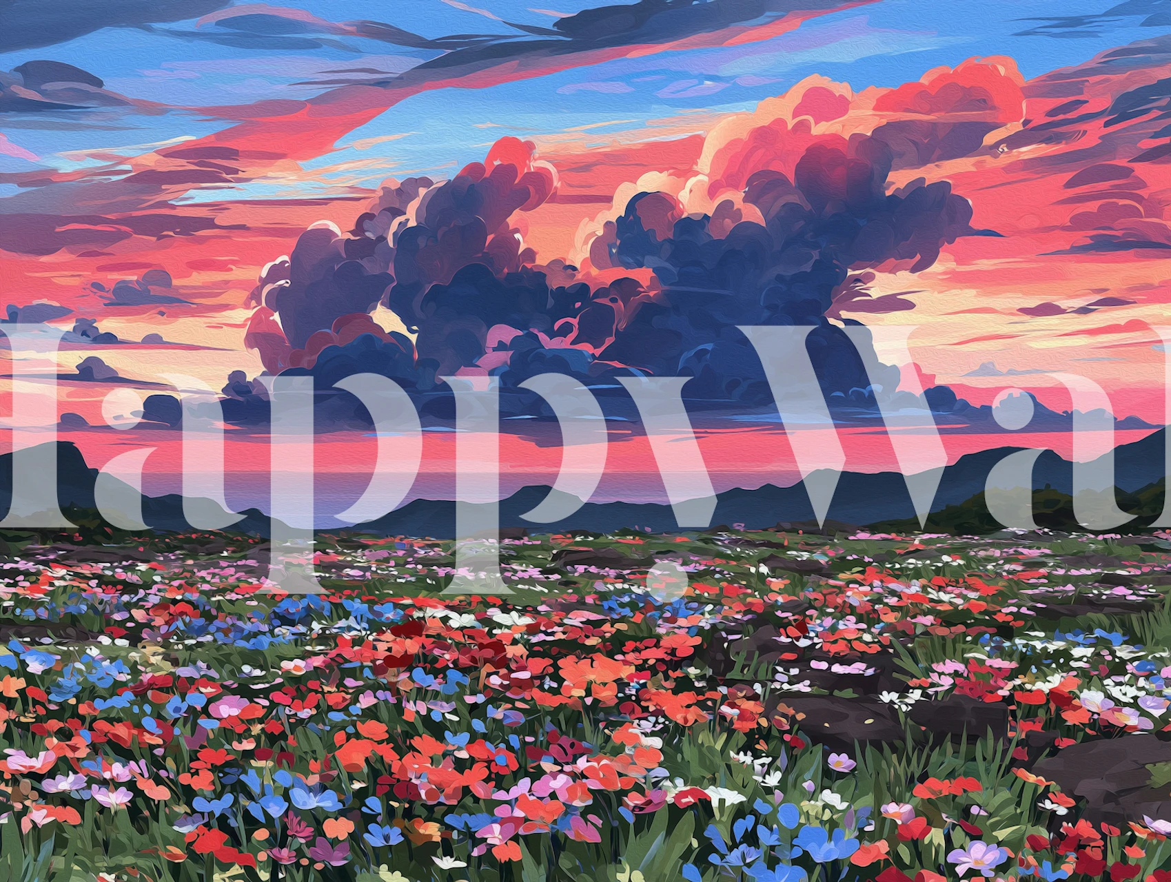 Wildflower meadow wallpaper in a sunset room