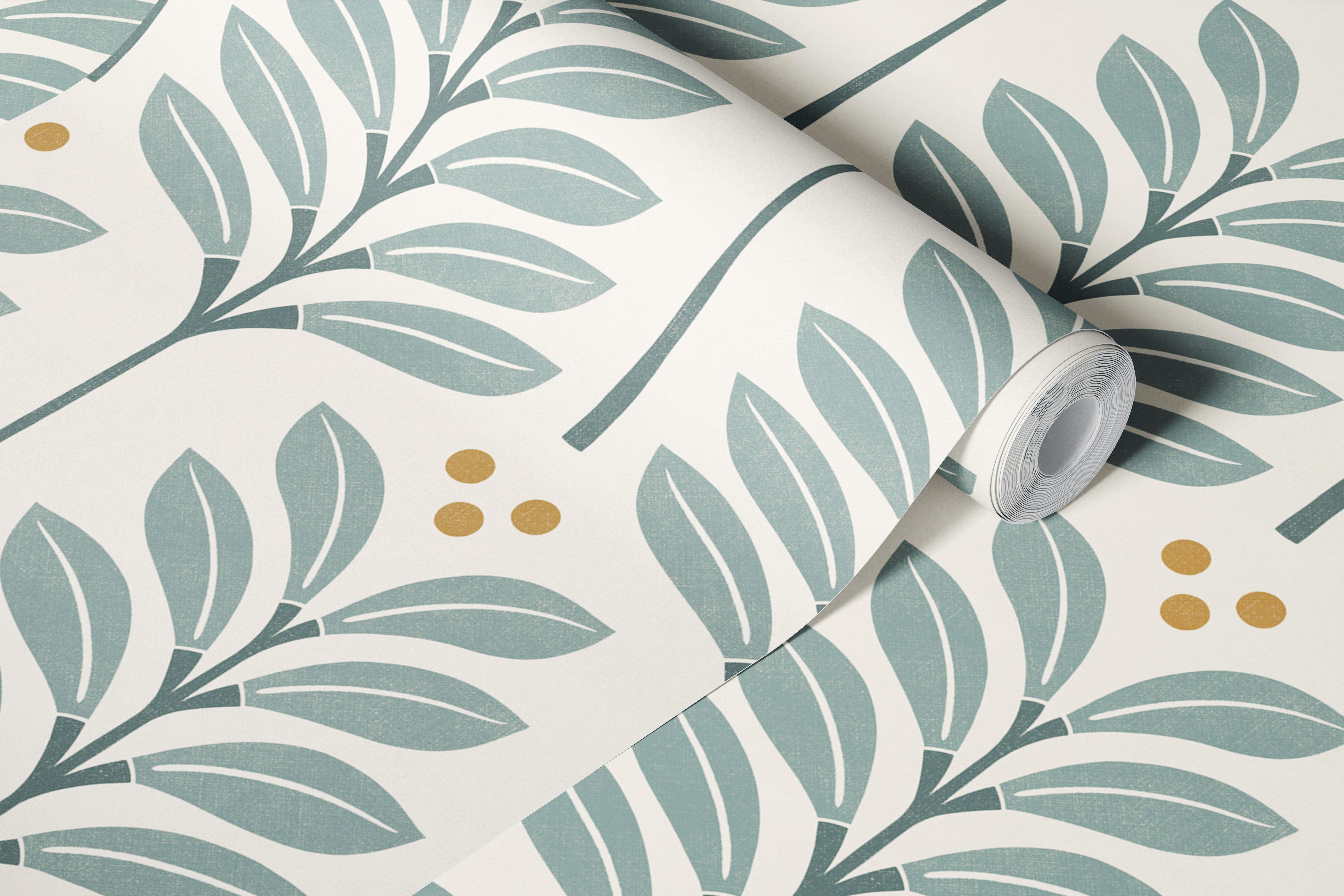 Dusty green leaf wallpaper in a room (3/9)