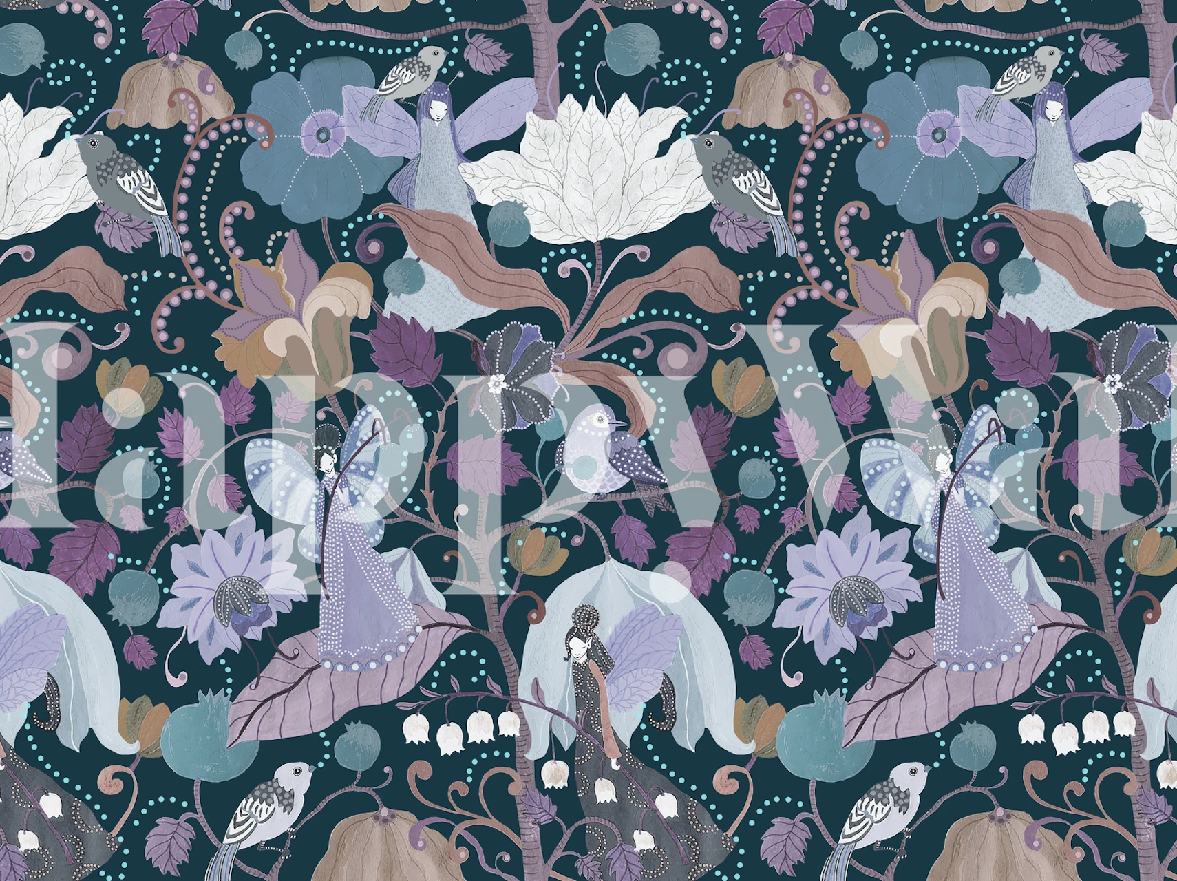 Floral fairy design with blue and purple tones wallpaper