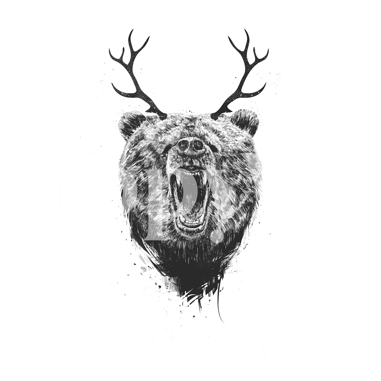 Roaring bear with antlers wallpaper in a room
