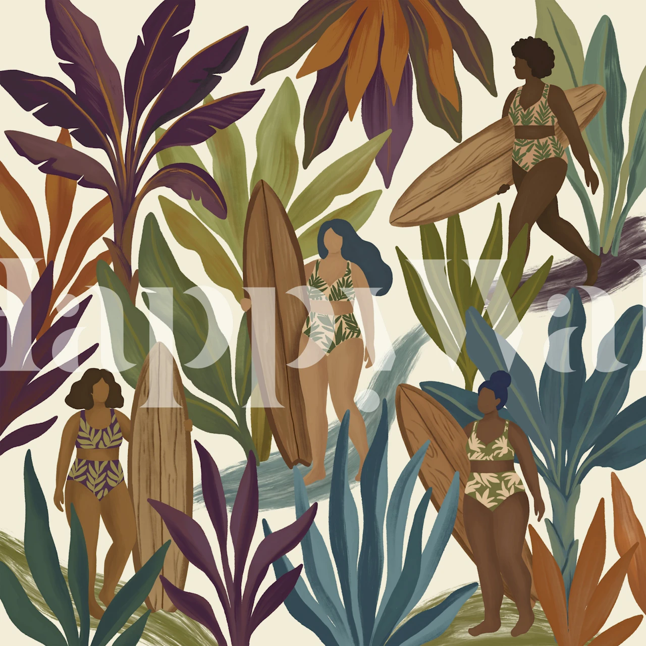 Boho surf girl jungle wallpaper in a room