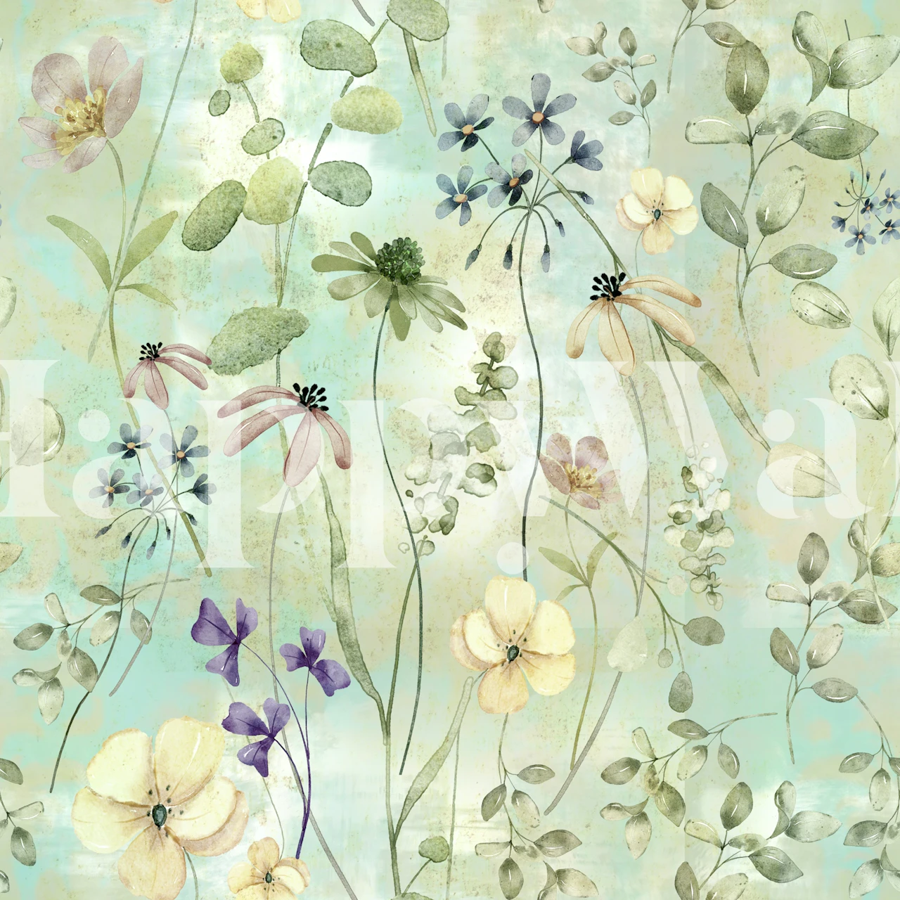 Watercolor floral wallpaper in a soft room