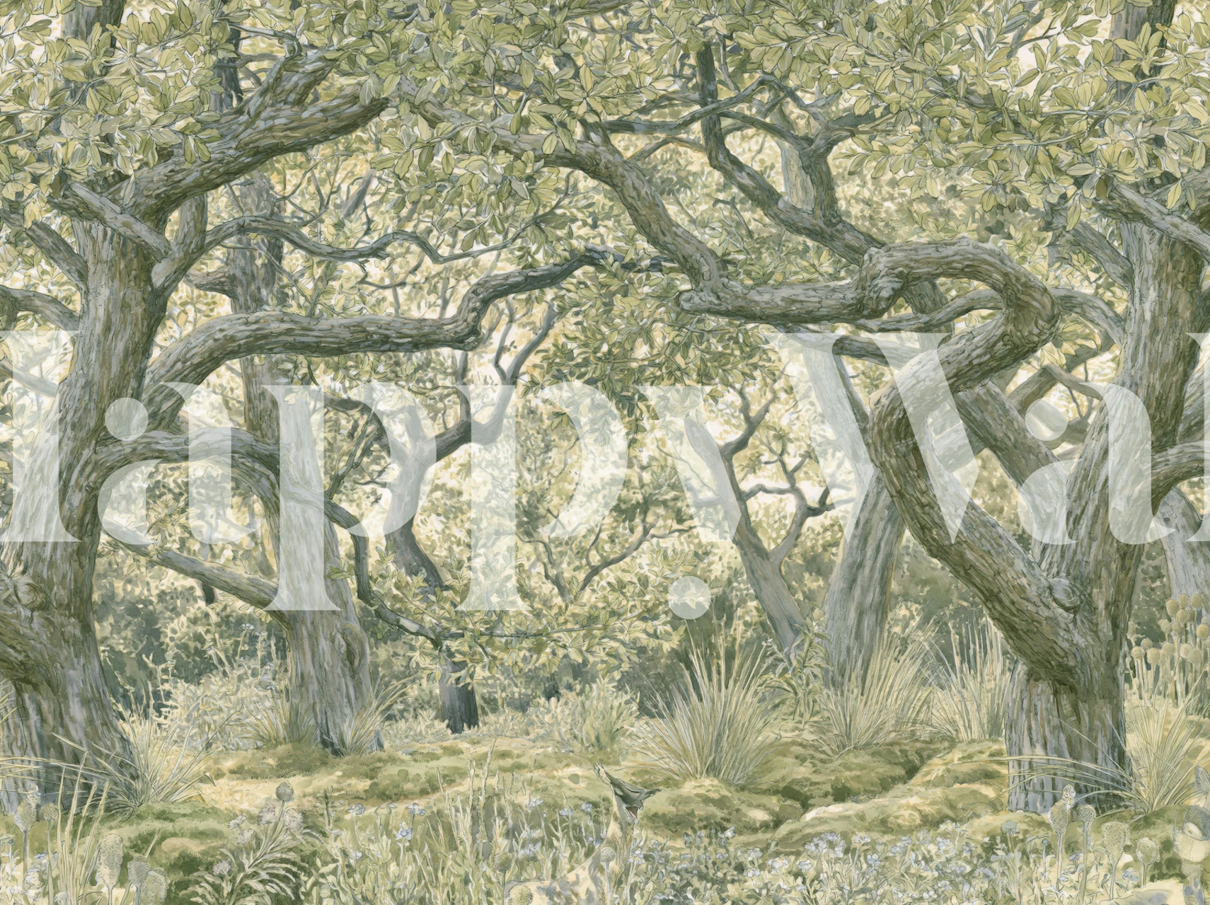 Oak tree wallpaper in a room with woodland mural