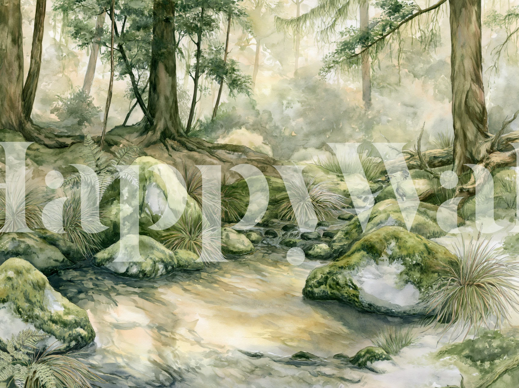 Misty forest creek wallpaper in a room
