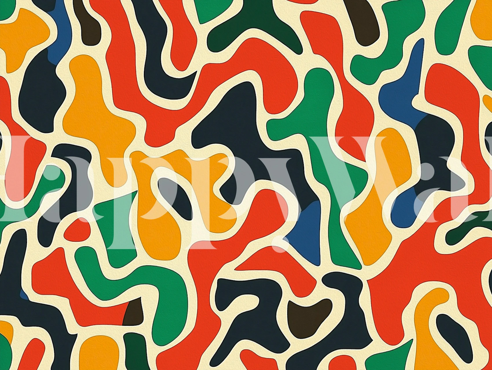 Mid century abstract wallpaper in a colorful room