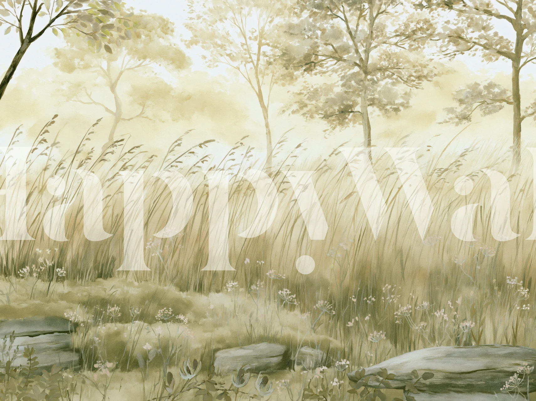 Foggy forest meadow wallpaper in a soft room