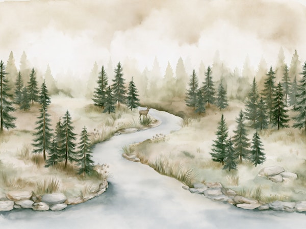 Misty Pine Forest River