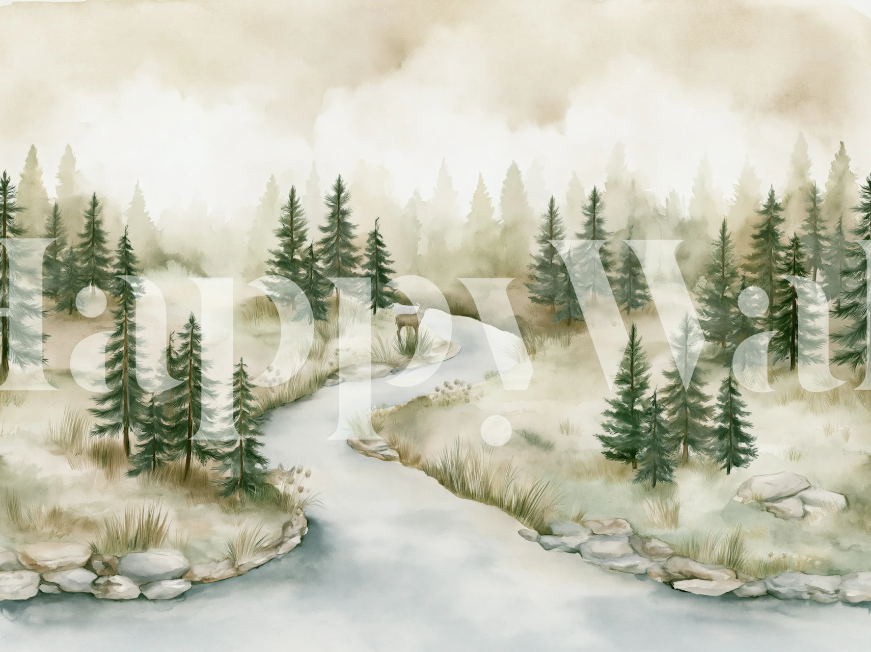 Misty pine forest river wallpaper in a room