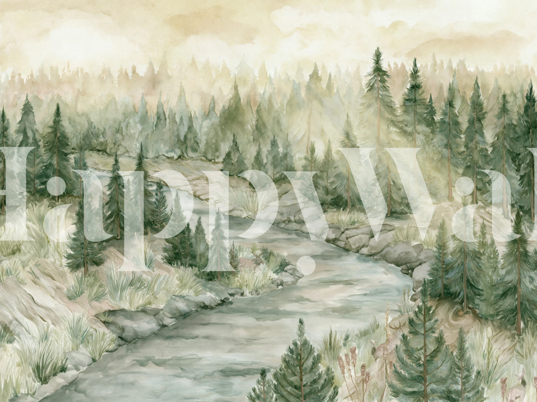 Foggy evergreen valley wallpaper in a room