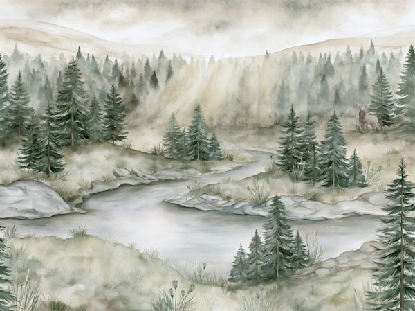 Watercolor Mountain Forest Mist