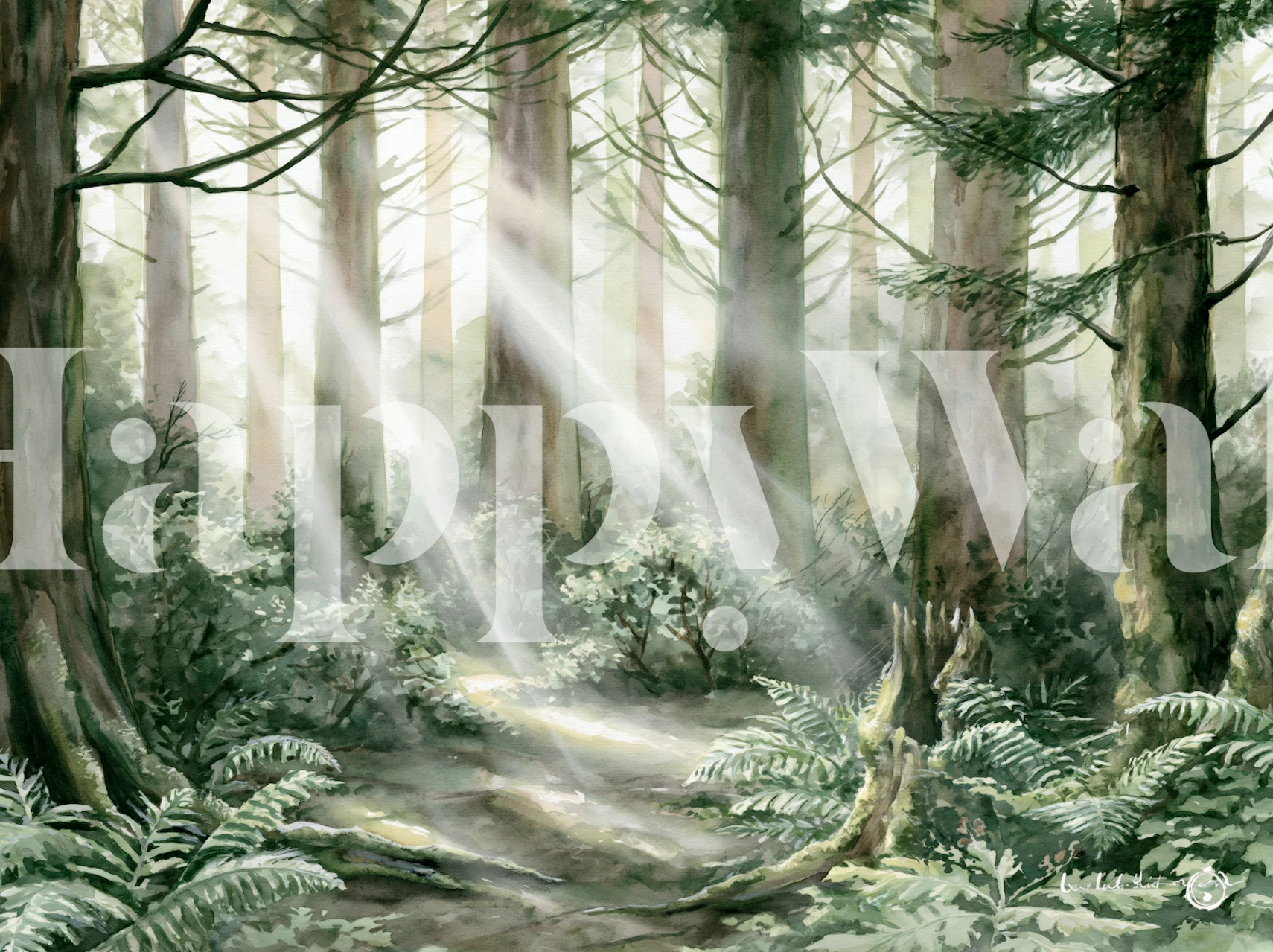 Misty forest wallpaper in a styled room