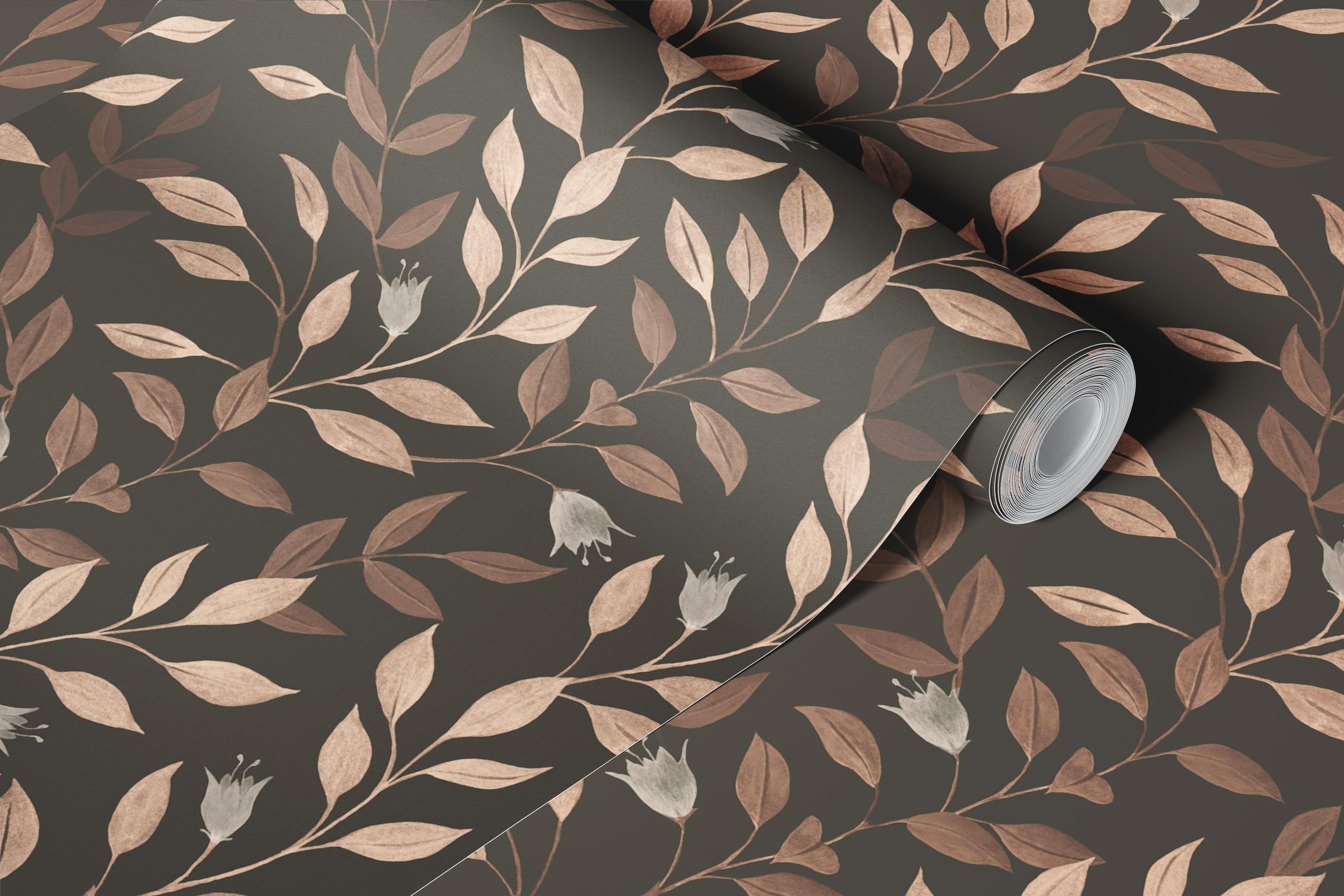 Brown floral wallpaper in a styled room