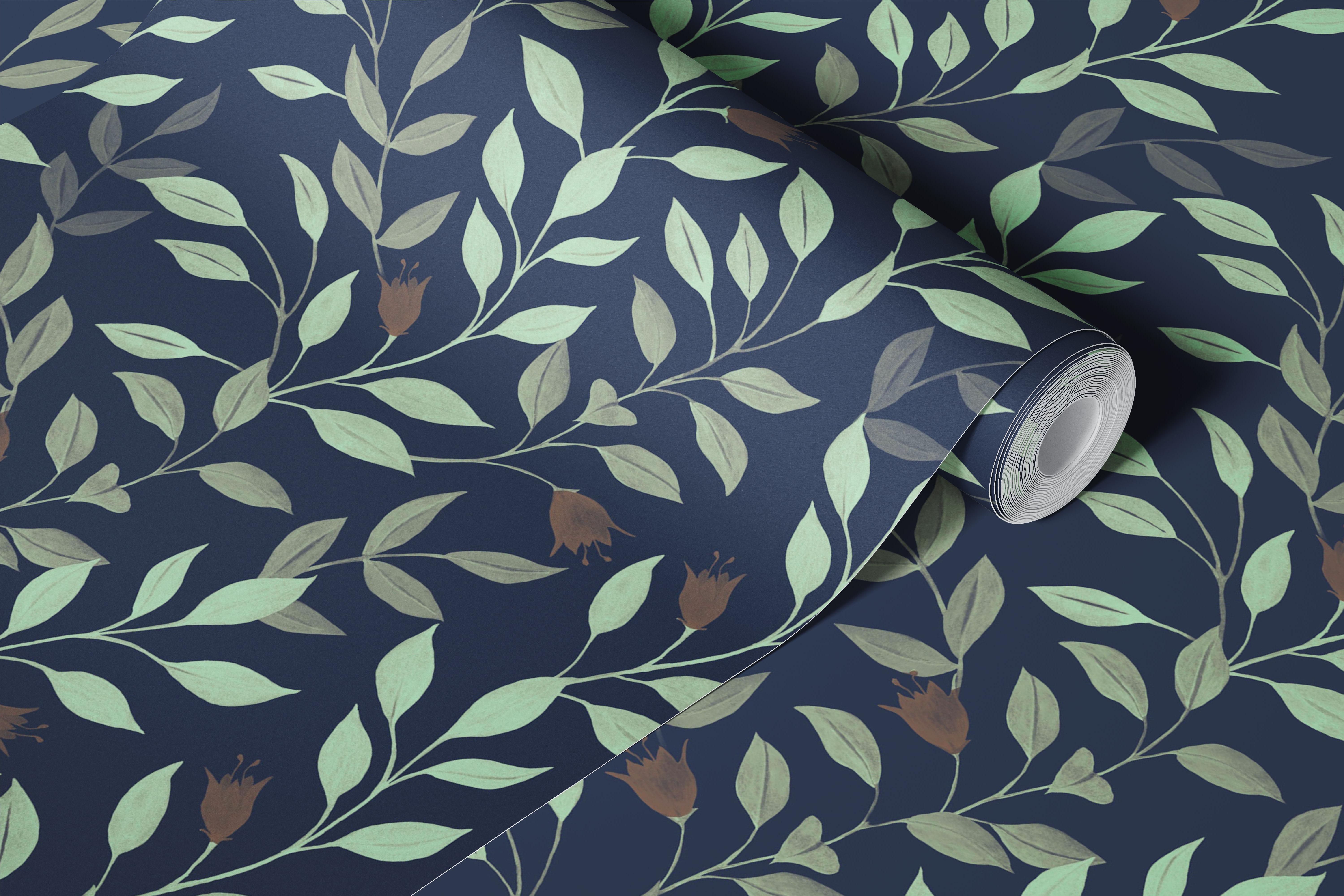Navy wildflower wallpaper in a styled room