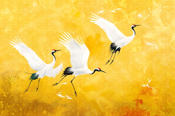 Golden Sky Cranes in Flight