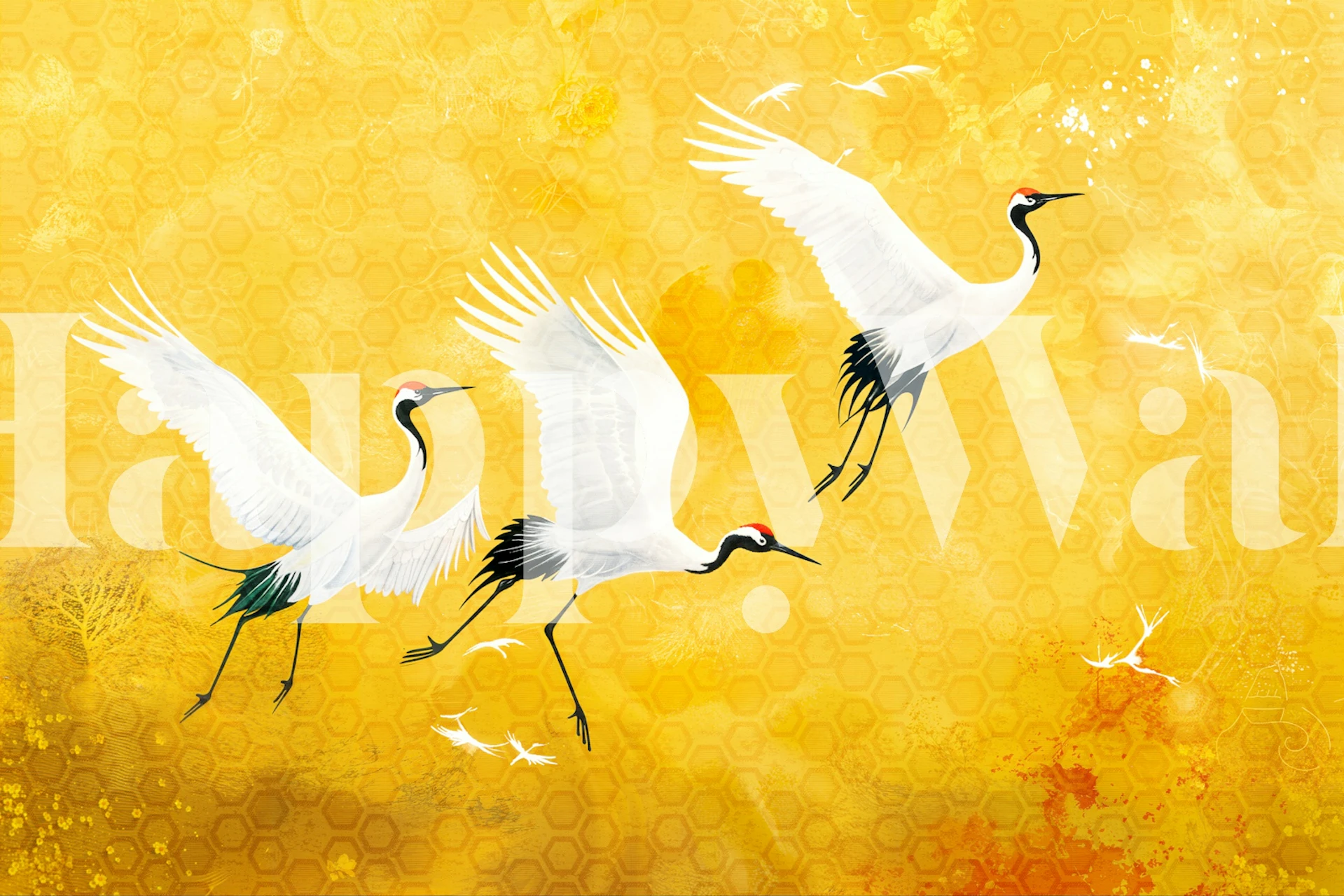 Golden crane wallpaper in a bright room