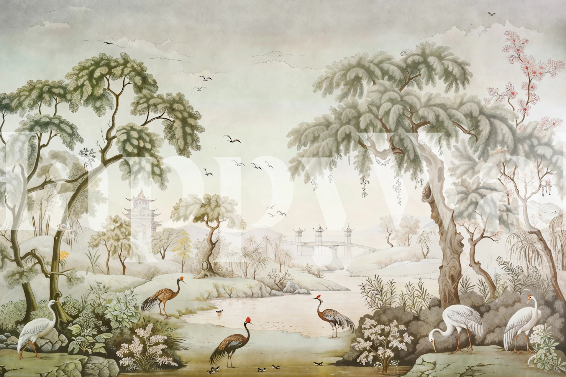 Chinese birds wallpaper in a serene room