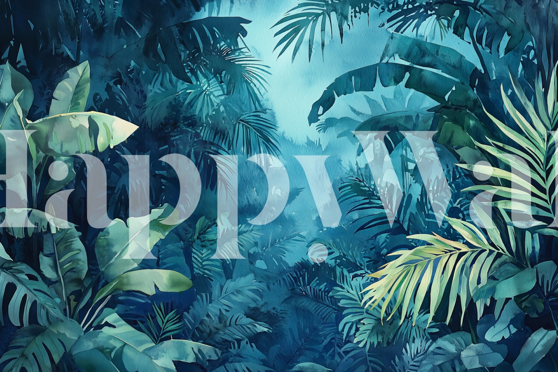 Blue tropical jungle wallpaper in a room