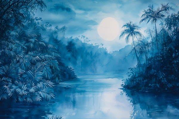 Misty Palm River at Night