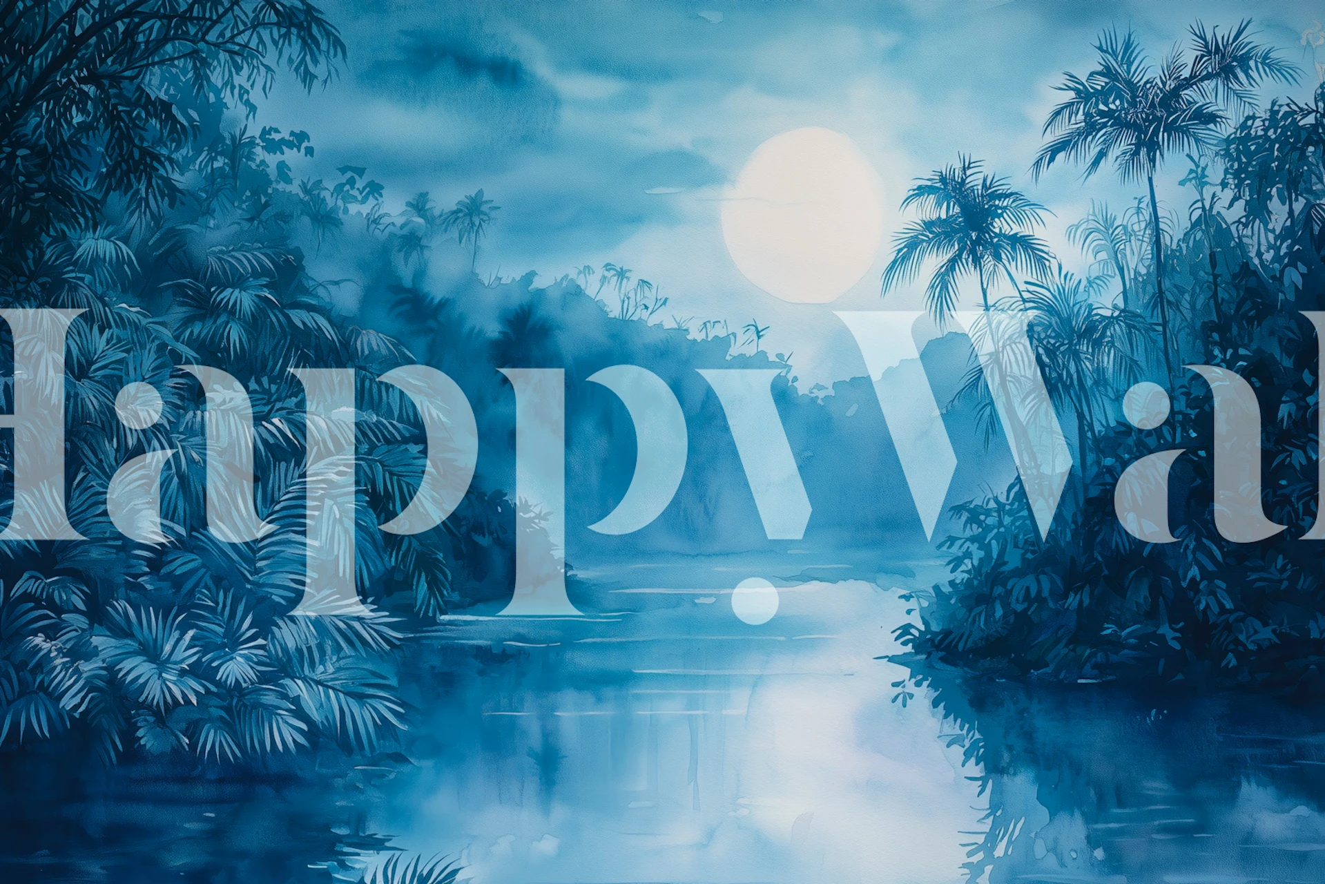 Blue palm river wallpaper in a bedroom
