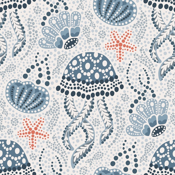 Boho batik jellyfish blue coral red - medium