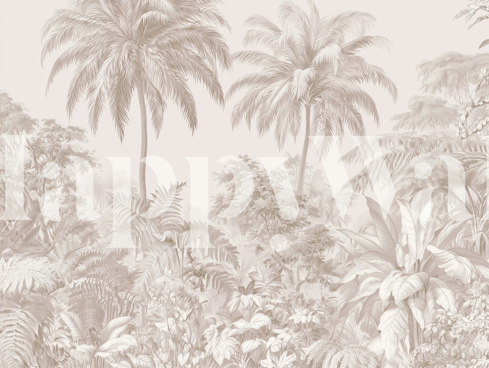 Muted tropical foliage wallpaper in a soft neutral room
