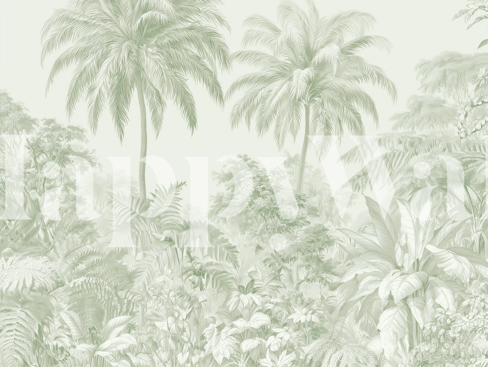 Sage green palm forest wallpaper in a room