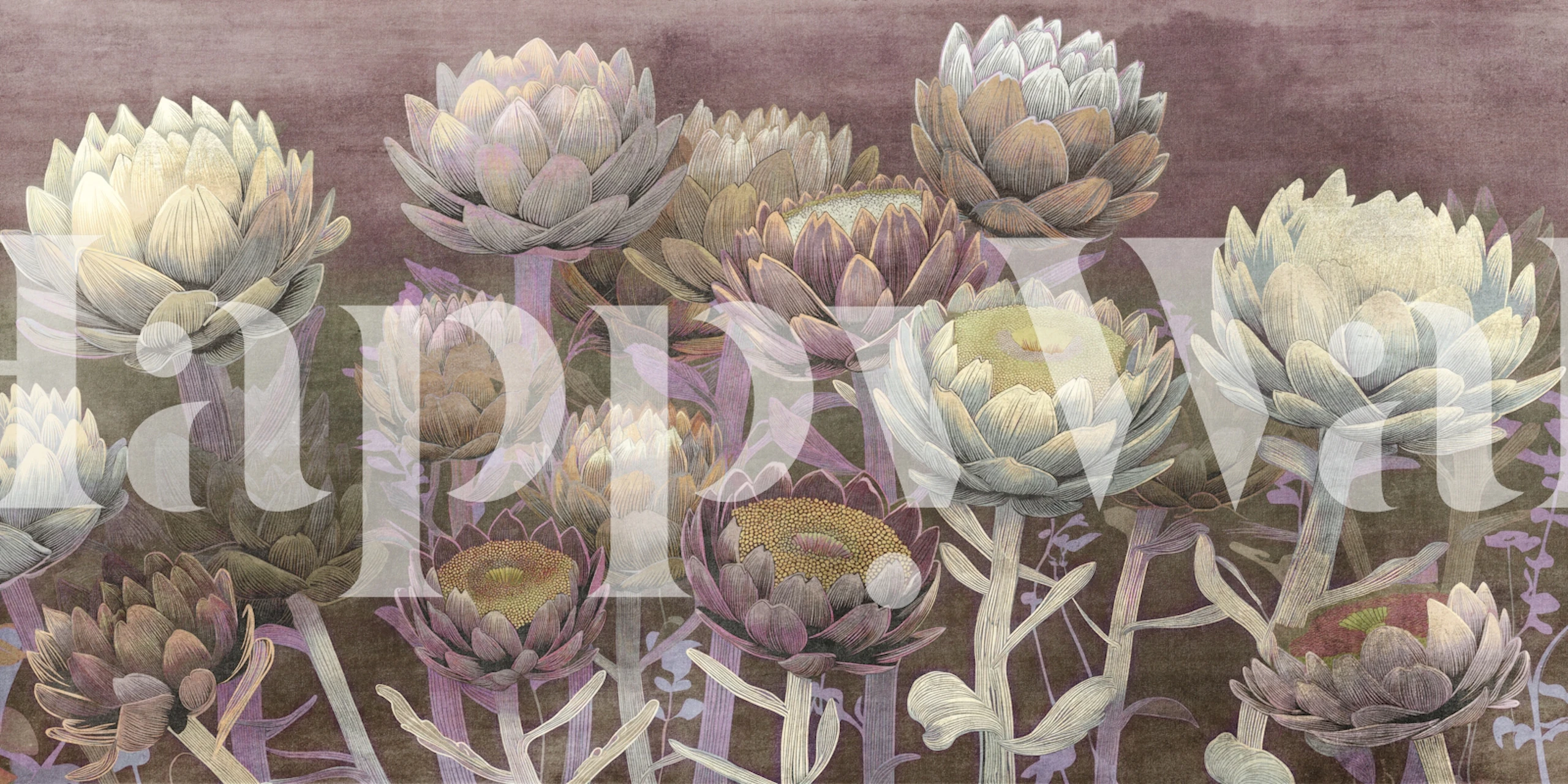 Floral lotus wallpaper in a soft mauve room