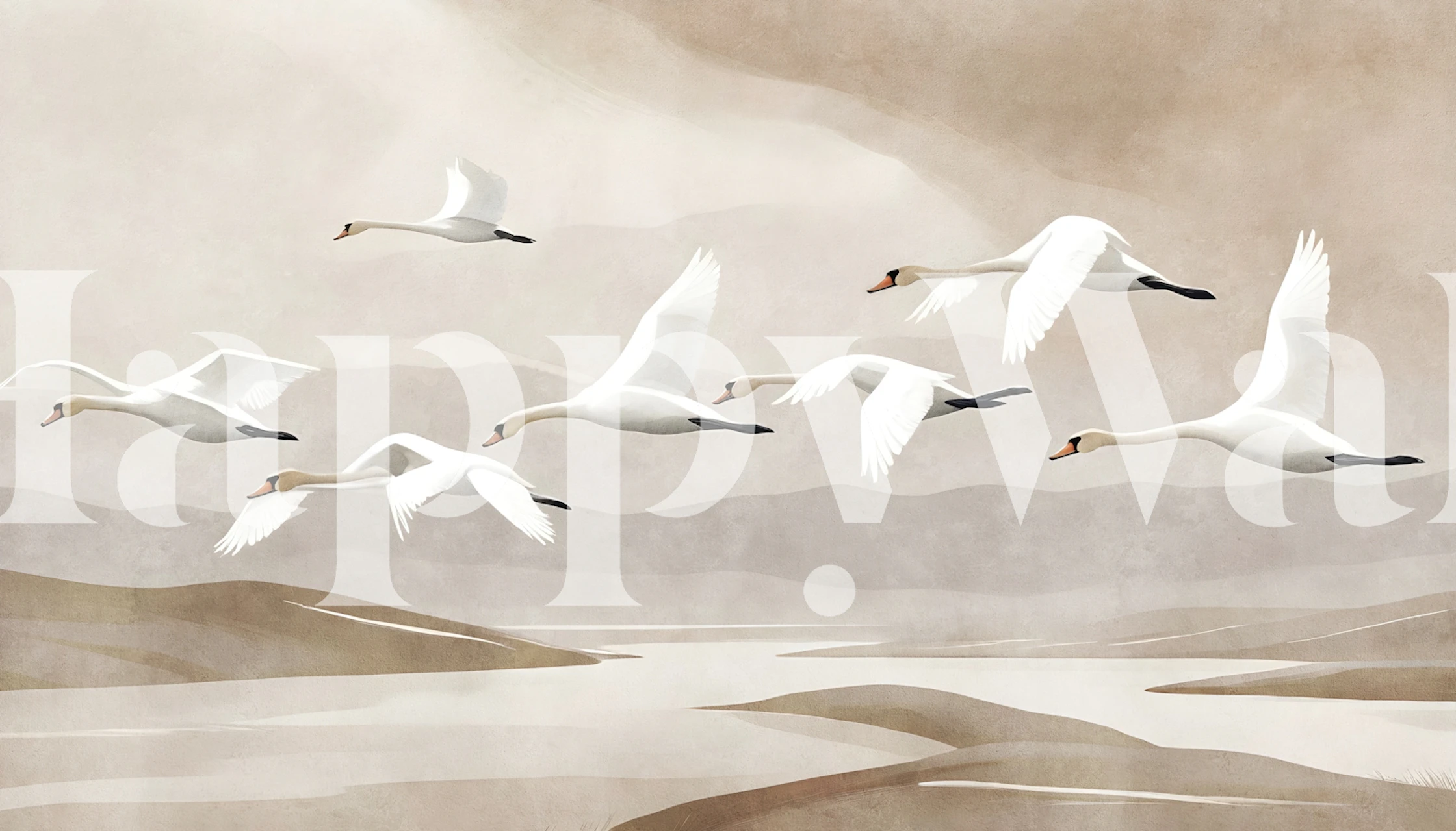 Swan Flight Over Misty Lake tapet
