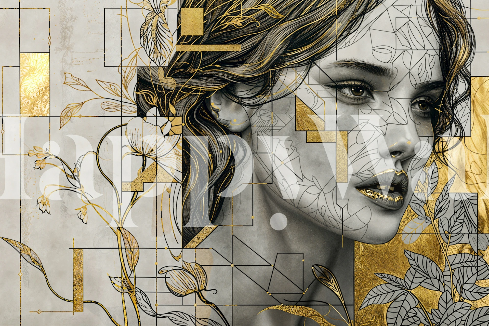Geometric woman face wallpaper in a modern room