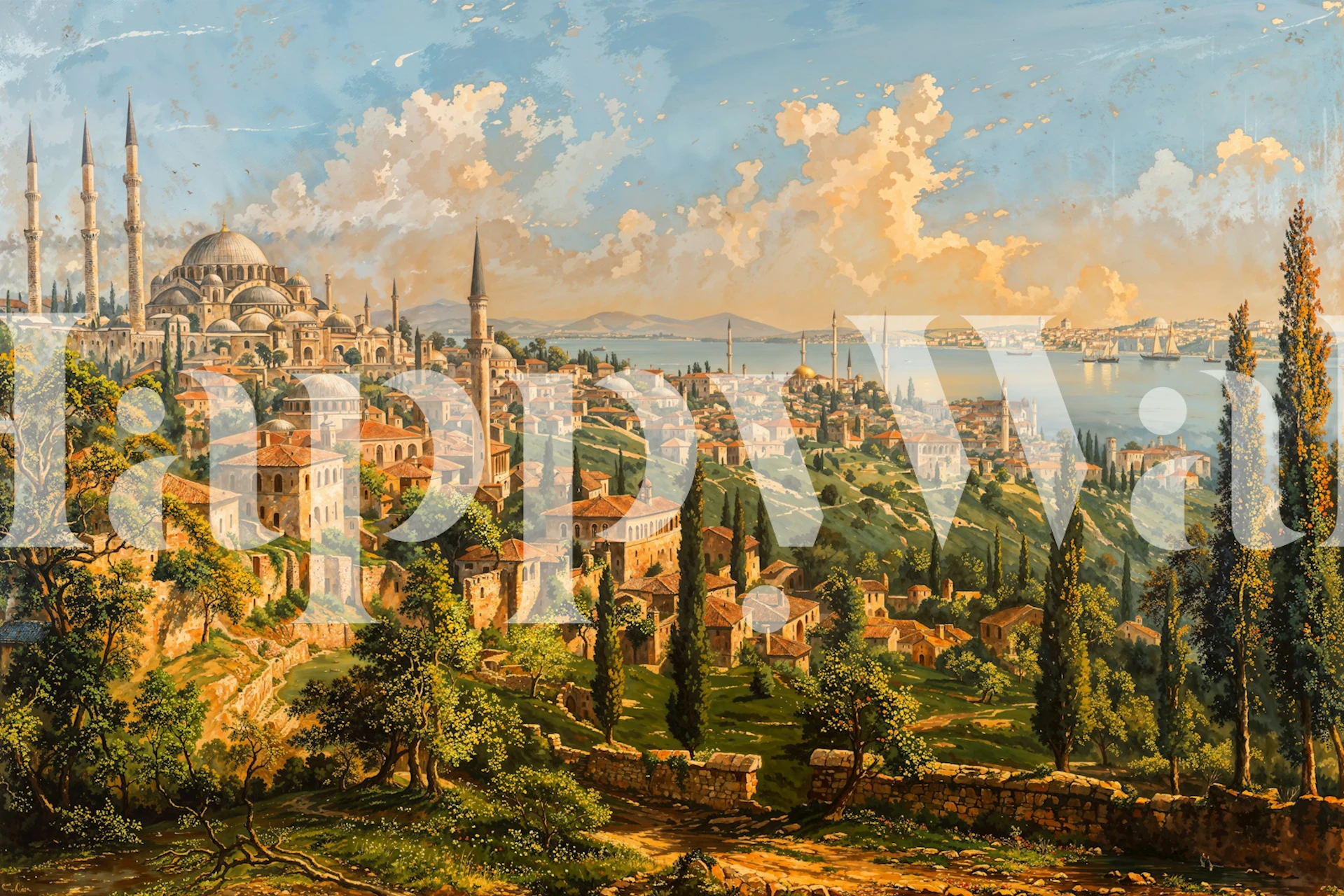 Ottoman city wallpaper in a room by the sea